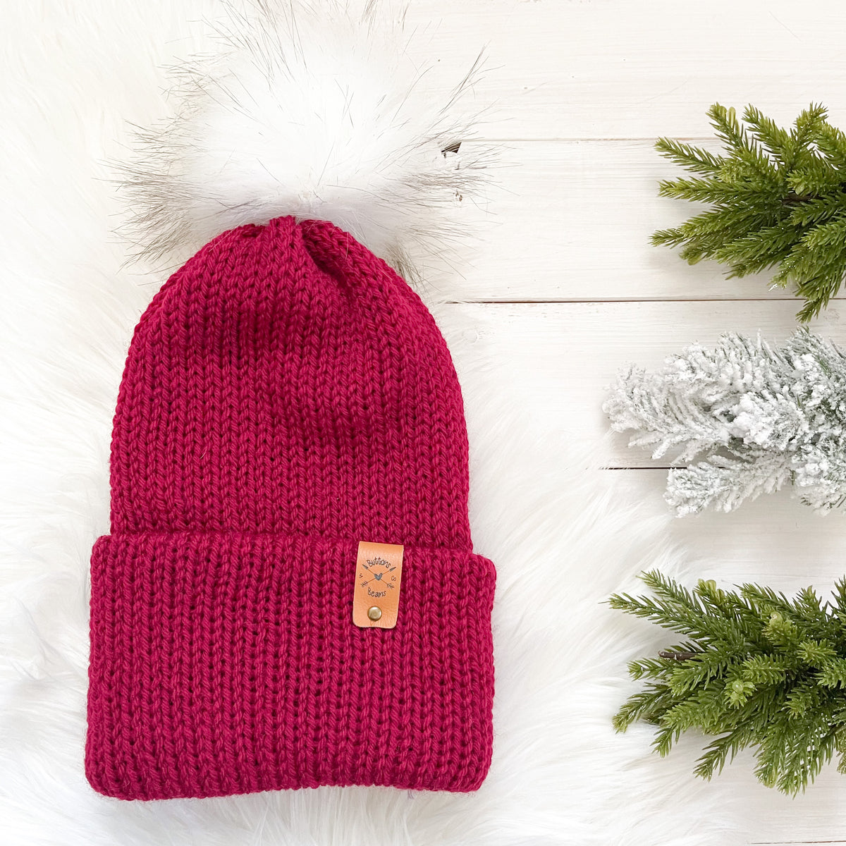 Cozy AF Hat Pick your Colour | Baby to Adult Knit Brim Slouchy Hat | Removable Faux Fur Pom pom