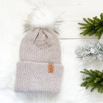 Cozy AF Hat Pick your Colour | Baby to Adult Knit Brim Slouchy Hat | Removable Faux Fur Pom pom
