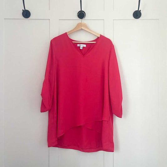 Cristina B Tulip Sleeve V Neck Faux Wrap Tunic | Coral Crepe Flowy Blouse Women > Tops > Tunics 20 $ Buttons & Beans Co.