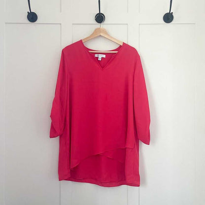 Cristina B Tulip Sleeve V Neck Faux Wrap Tunic | Coral Crepe Flowy Blouse Women > Tops > Tunics 20 $ Buttons & Beans Co.