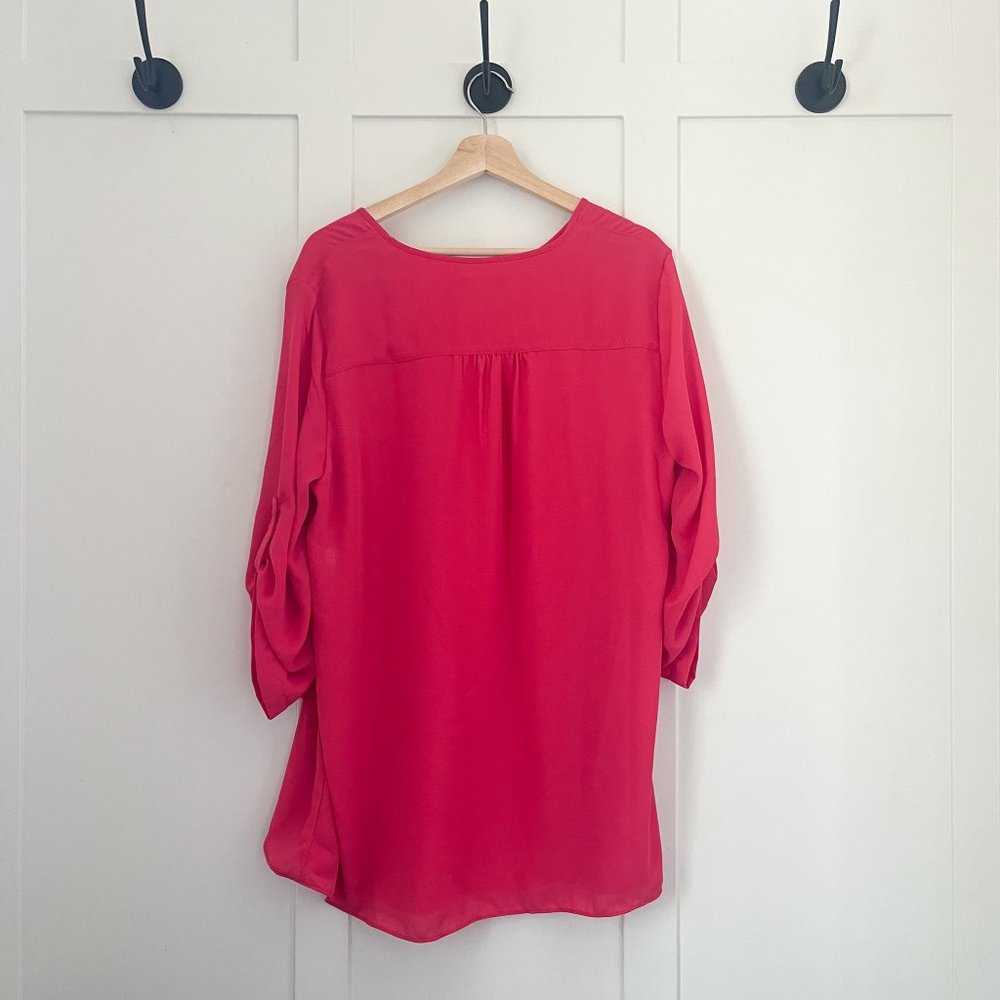 Cristina B Tulip Sleeve V Neck Faux Wrap Tunic | Coral Crepe Flowy Blouse Women > Tops > Tunics 20 $ Buttons & Beans Co.