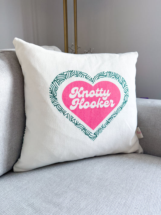 Knotty Hooker, Pillow Case 18"x18", Crochet Gift, Yarn, Knitter, Home Decor, Yarn and Fibre Enthusiast, Knitting Crocheting, Knitter Crocheter Humour