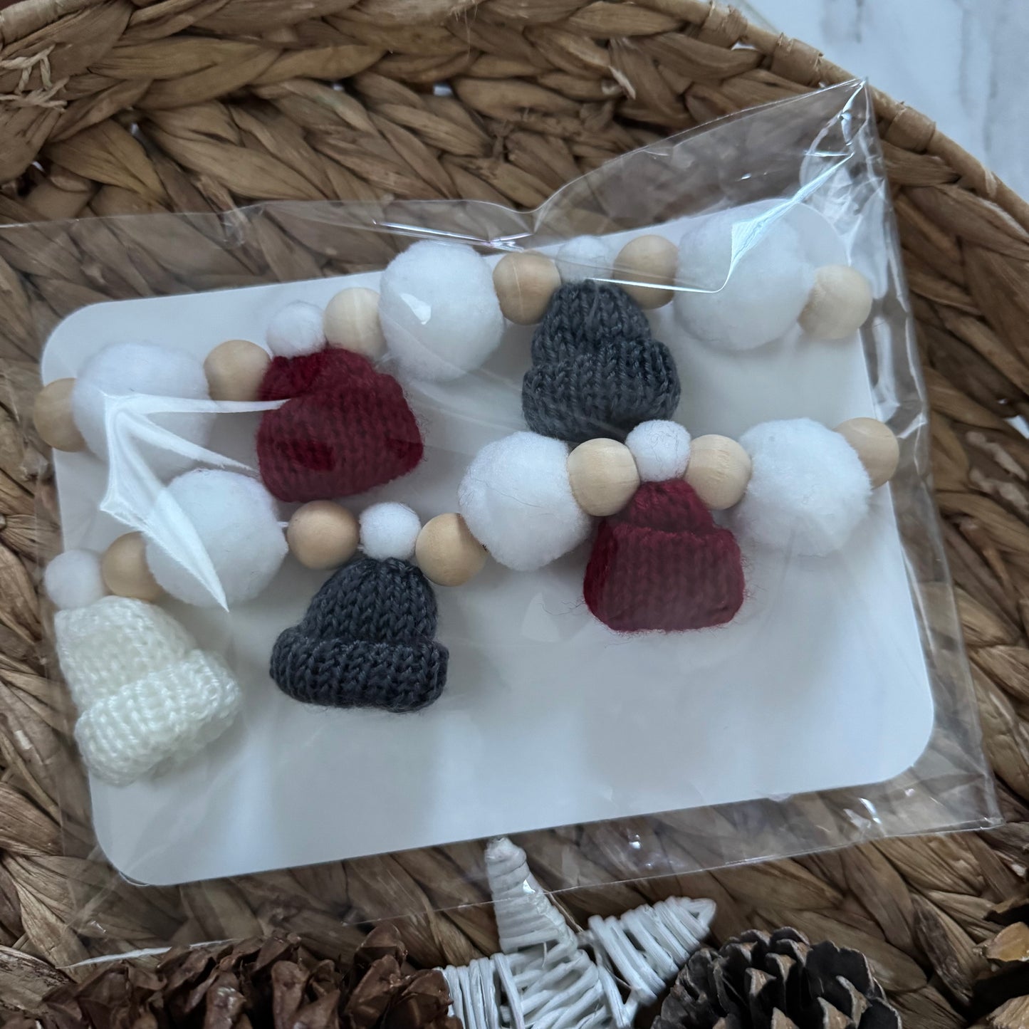 Grey and Burgundy Christmas Mini Knitted Toque Garland