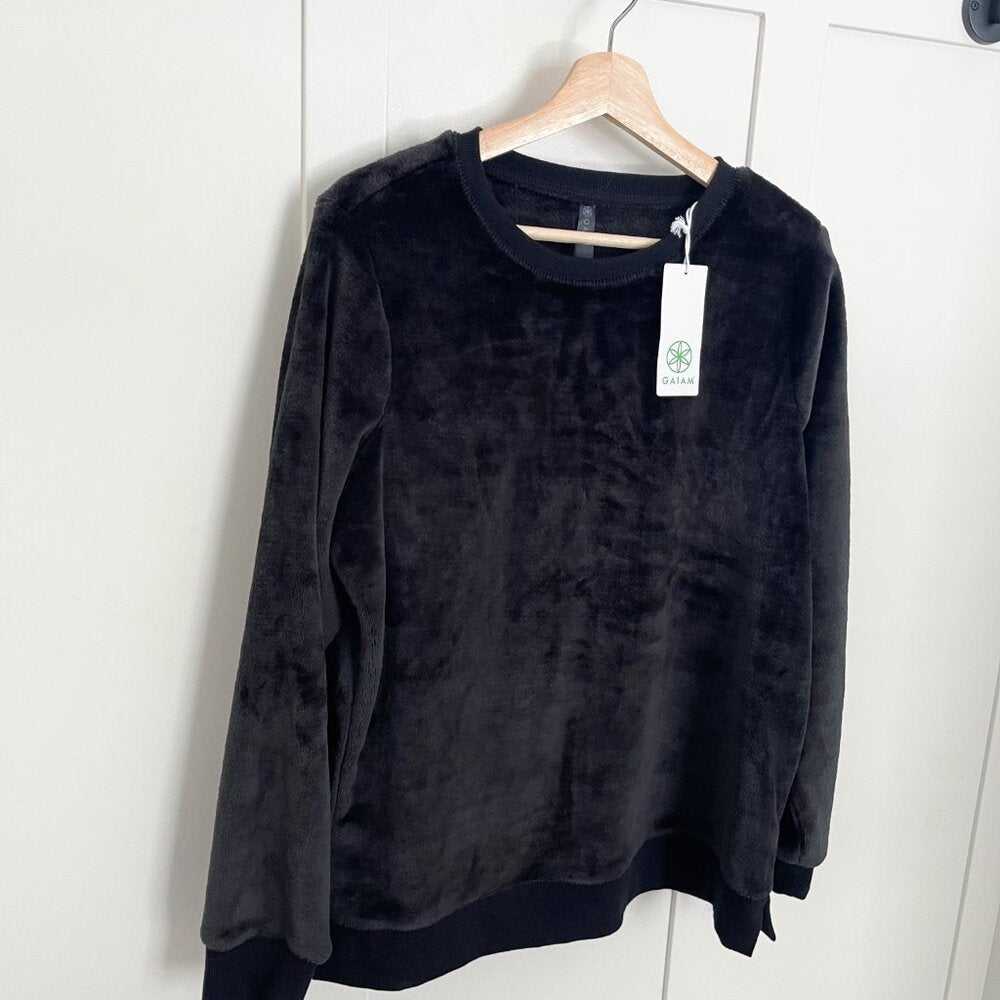 GAIAM Velour, Black Lux Faux-Fur Lounge Pullover Crew Neck Sweater Women's Women > Tops > Sweatshirts & Hoodies 22 $ Buttons & Beans Co.