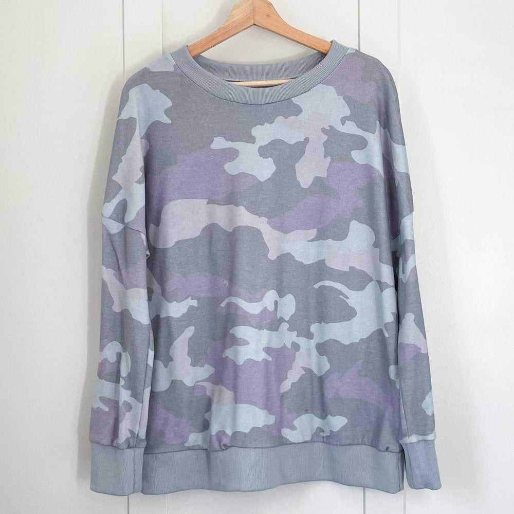 Grey, Mint, Purple Camo Print Sweater, Grey Long Sleeve Sweatshirt, Women > Sweaters > Crew & Scoop Necks 15 $ Buttons & Beans Co.