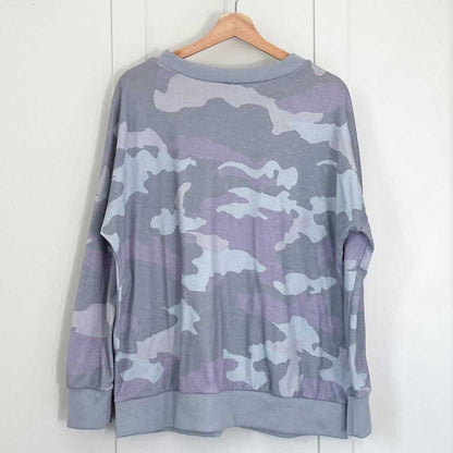 Grey, Mint, Purple Camo Print Sweater, Grey Long Sleeve Sweatshirt, Women > Sweaters > Crew & Scoop Necks 15 $ Buttons & Beans Co.