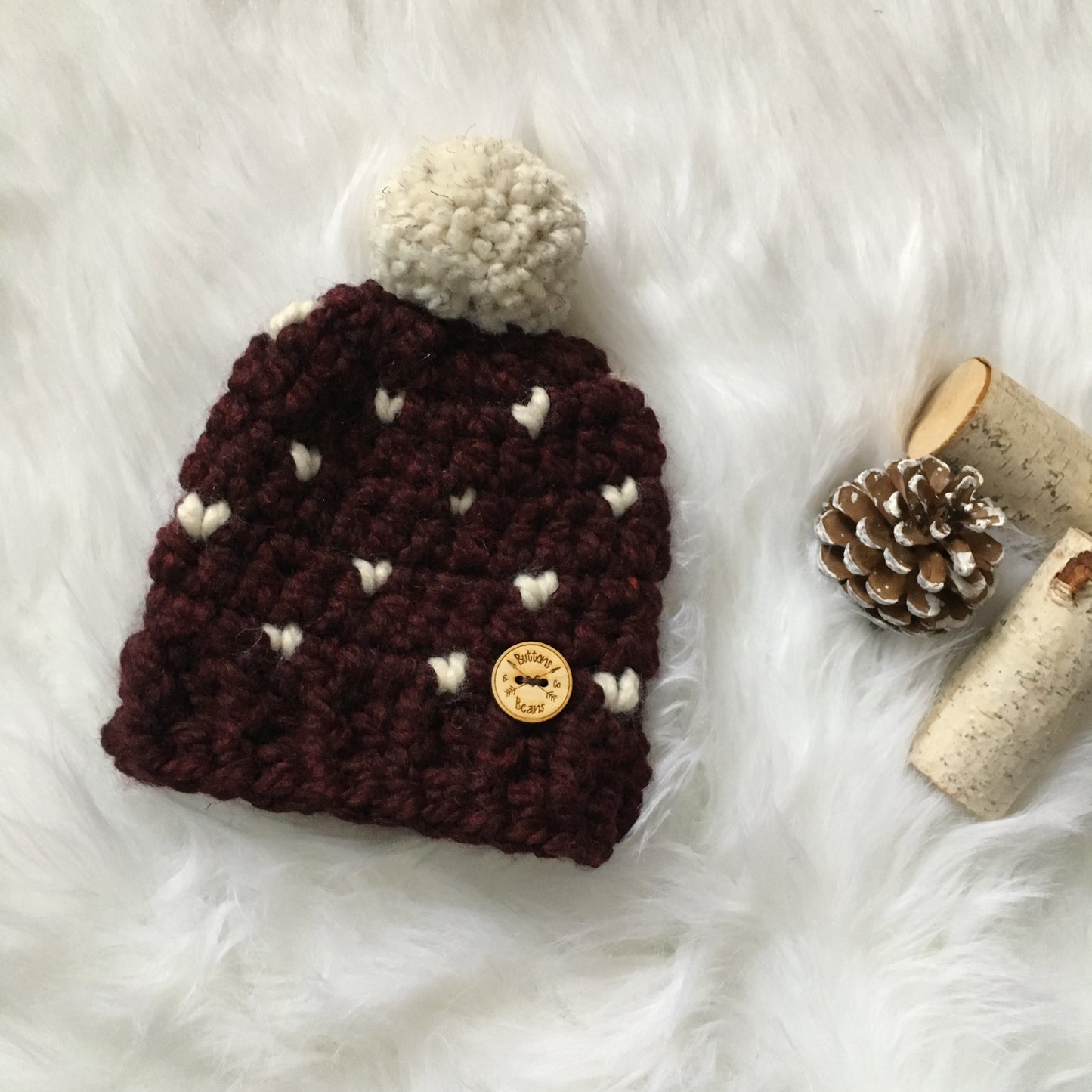 Mini Hearts | 3-6 Month Merlot Chunky Crochet Winter Hat | Removable Faux Fur Pompom