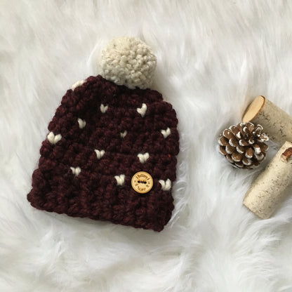 Mini Hearts | 3-6 Month Merlot Chunky Crochet Winter Hat | Removable Faux Fur Pompom