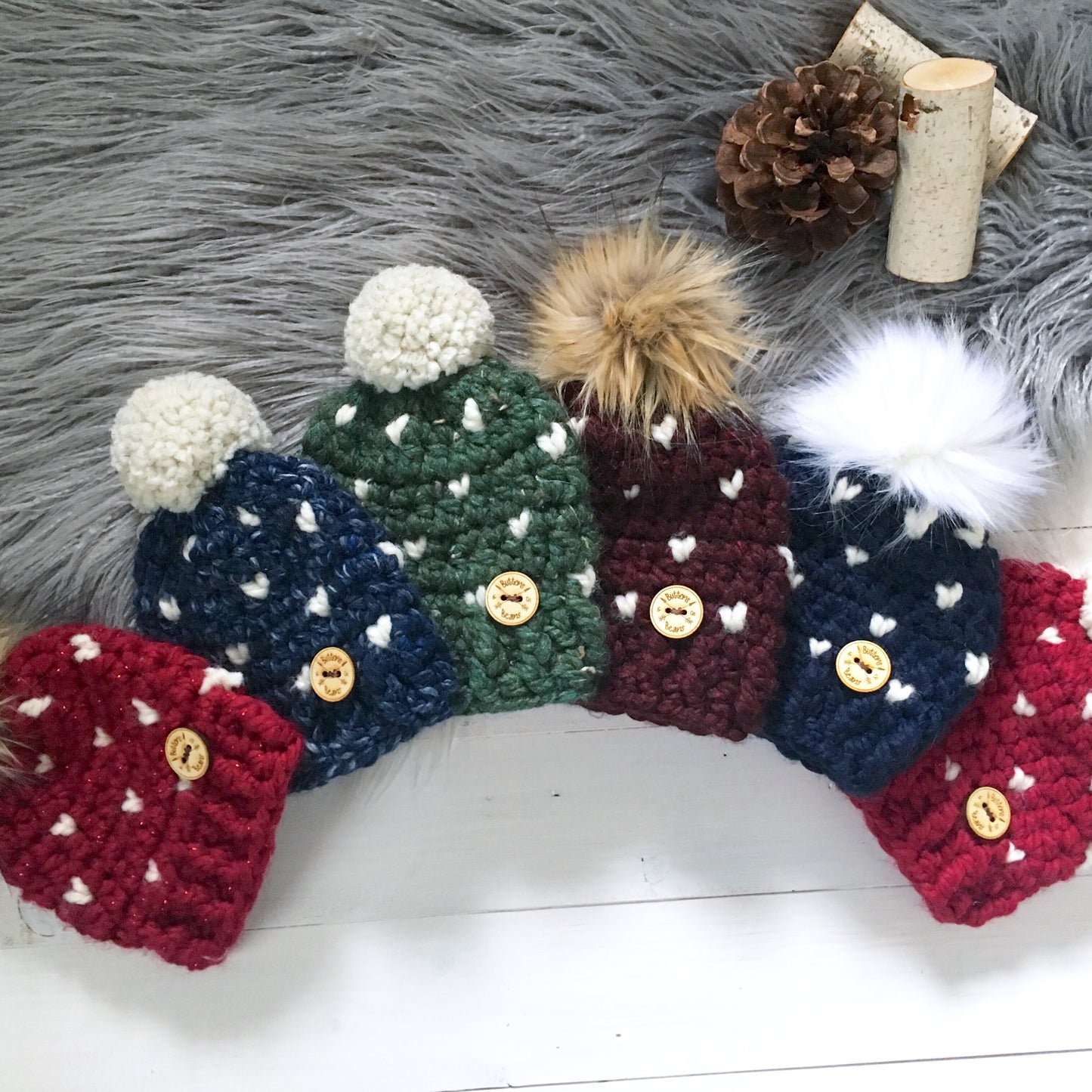 Mini Hearts | 3-6 Month Merlot Chunky Crochet Winter Hat | Removable Faux Fur Pompom