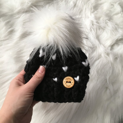 Mini Hearts | Black and White Chunky Crochet Winter Hat | Removable Faux Fur Pompom