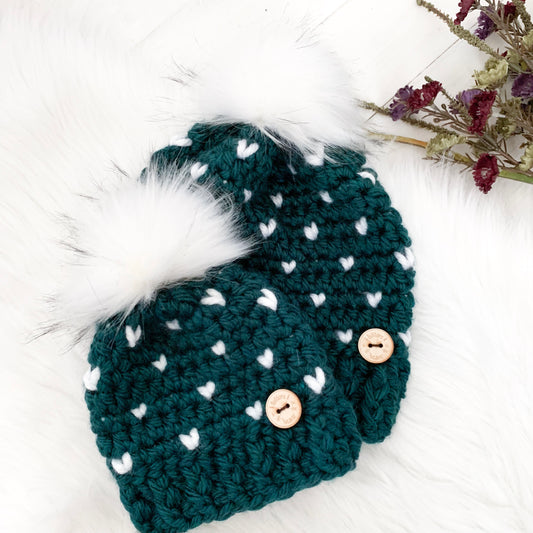 Mini Hearts | Teal and White Chunky Crochet Winter Hat | Removable Faux Fur Pom pom