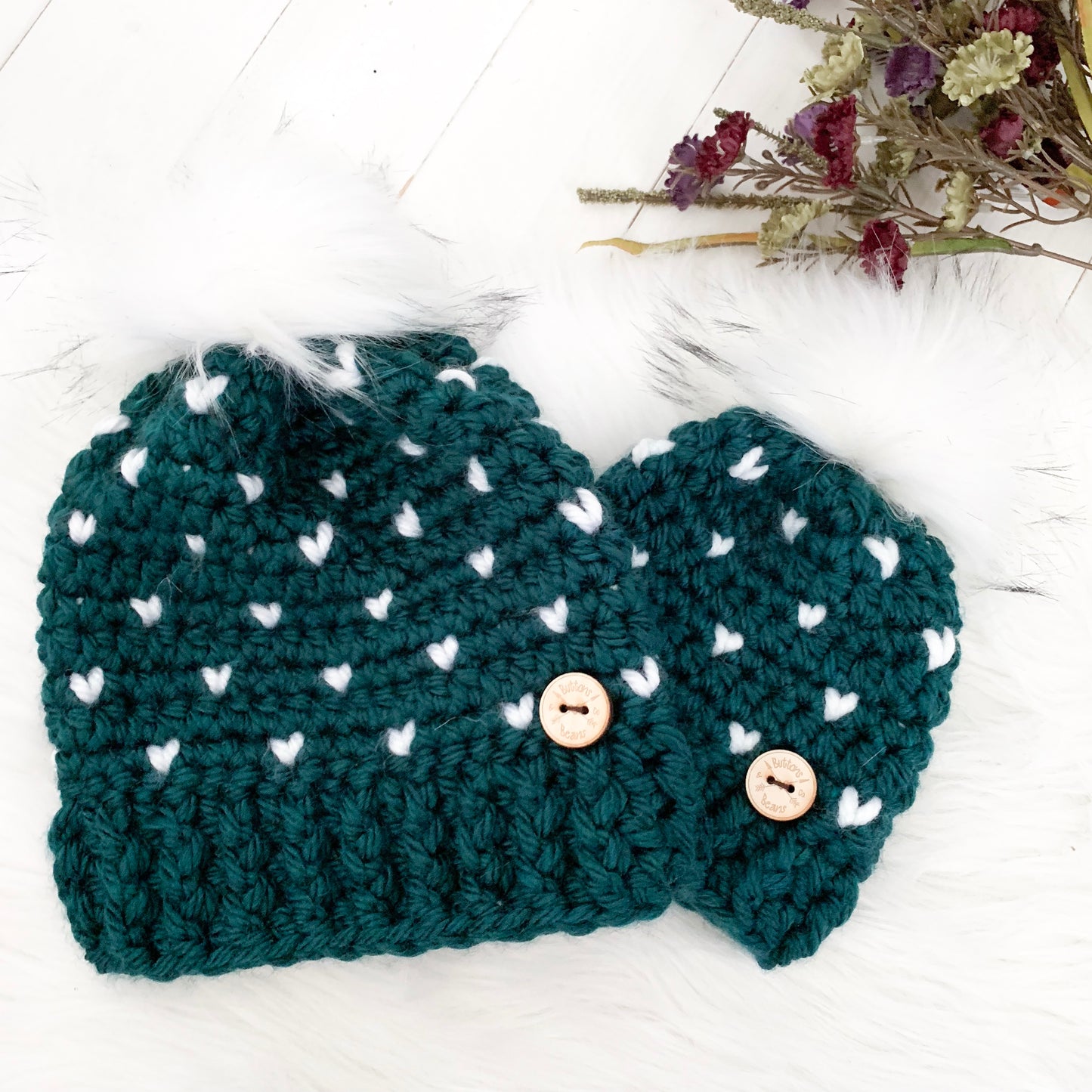 Mini Hearts | Teal and White Chunky Crochet Winter Hat | Removable Faux Fur Pom pom