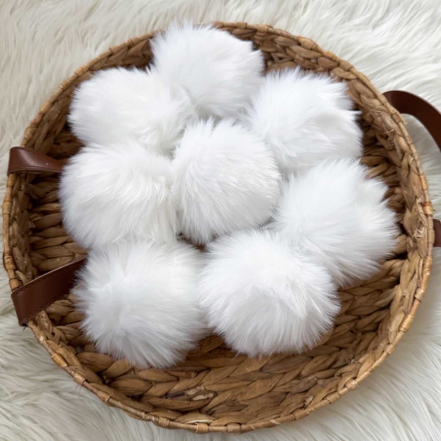 Polar Luxury Faux Fur Pompom | White pom pom with Tie, Button or Snap