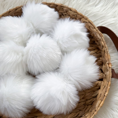 Polar Luxury Faux Fur Pompom | White pom pom with Tie, Button or Snap