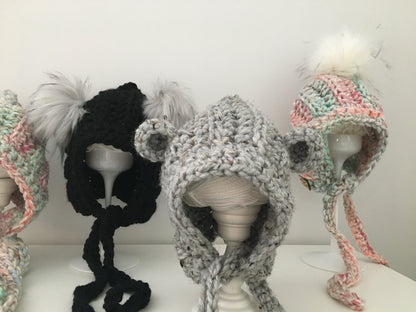 Bear Pixie Bonnet | Grey Crochet Winter Hat