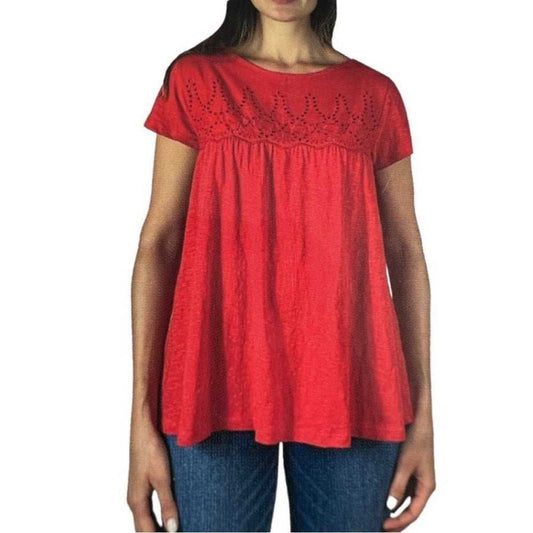 Jachs Girlfriend Eyelet Yoke Shirt | Orange Cotton Loose Fit Blouse, T-Shirt Women > Tops > Button Down Shirts 15 $ Buttons & Beans Co.