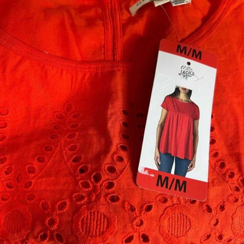 Jachs Girlfriend Eyelet Yoke Shirt | Orange Cotton Loose Fit Blouse, T-Shirt Women > Tops > Button Down Shirts 15 $ Buttons & Beans Co.