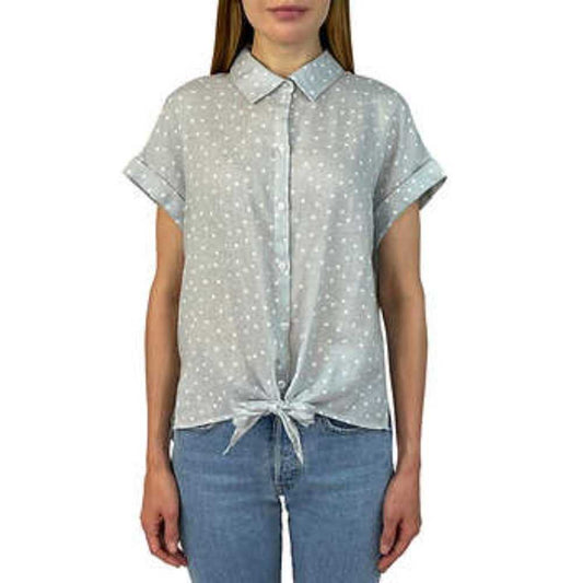 Jachs Girlfriend Linen Blend Tie-Front Shirt | Grey Dot Button up Top, XL Women > Tops > Button Down Shirts 15 $ Buttons & Beans Co.