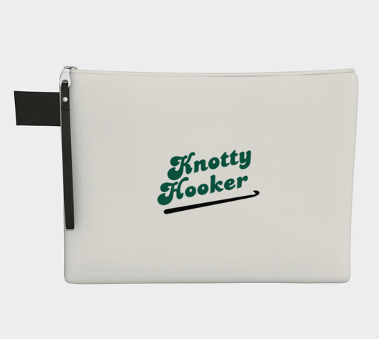 Knotty Hooker Green, Black or White Carry All Project Pouch, Canvas and Denim Zipper Pull Bag, Crocheter, Knitter, Yarn Collector Case, Organizer
