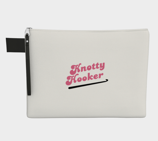 Knotty Hooker Dark Pink, Black or White Carry All Project Pouch, Canvas and Denim Zipper Pull Bag, Crocheter, Knitter, Yarn Collector Case, Organizer