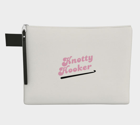 Knotty Hooker Pink, Black or White Carry All Project Pouch, Canvas and Denim Zipper Pull Bag, Crocheter, Knitter, Yarn Collector Case, Organizer