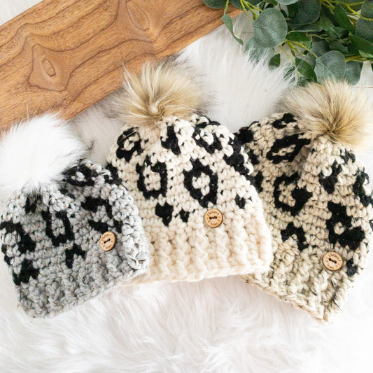 Leopard Hat | Chunky Crochet Winter Hat | Removable Faux Fur Pom pom