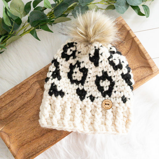 Leopard Hat | Chunky Crochet Winter Hat | Removable Faux Fur Pom pom