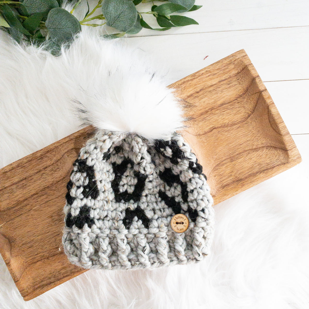 Leopard Hat | Chunky Crochet Winter Hat | Removable Faux Fur Pom pom