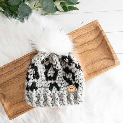 Leopard Hat | Chunky Crochet Winter Hat | Removable Faux Fur Pom pom