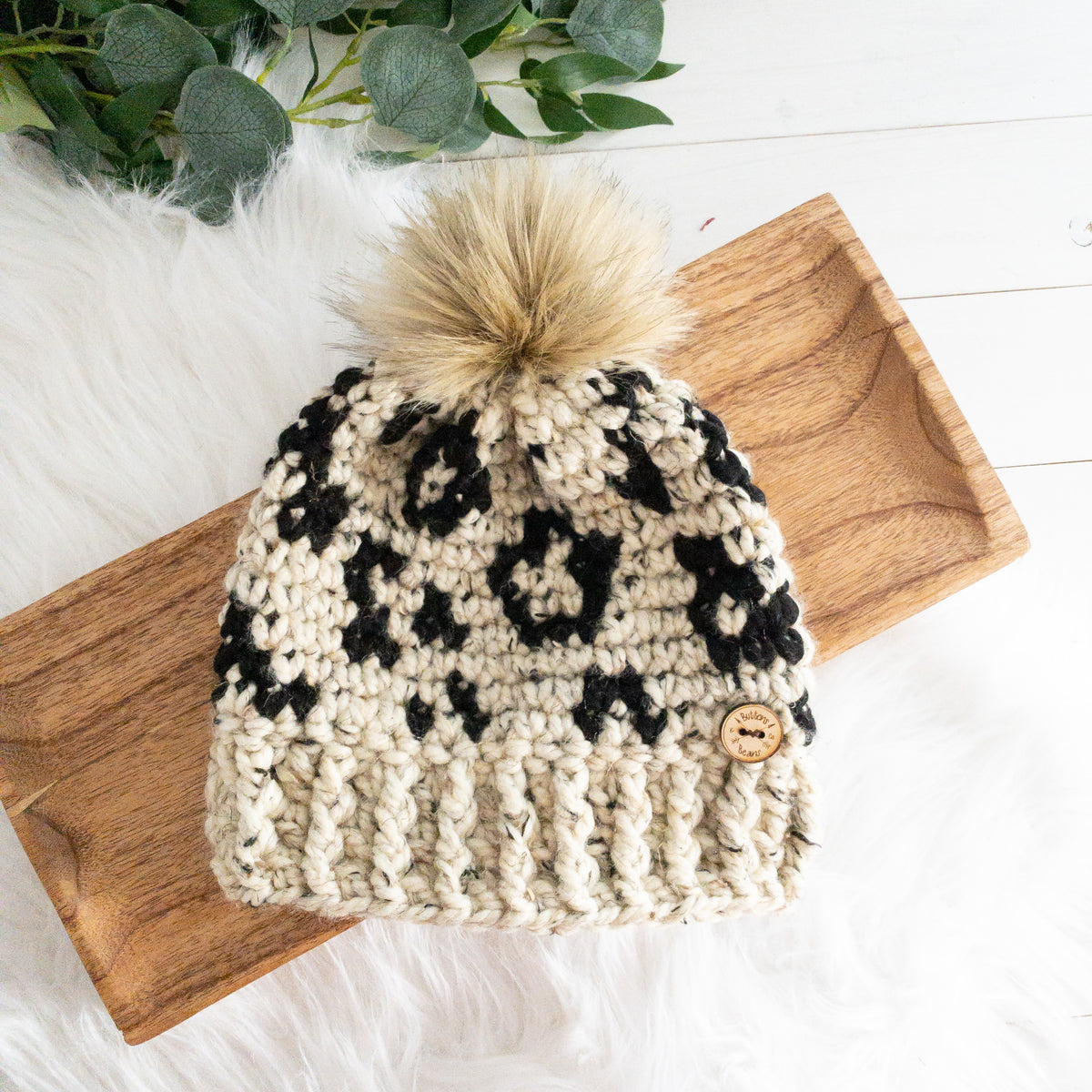 Leopard Hat | Chunky Crochet Winter Hat | Removable Faux Fur Pom pom