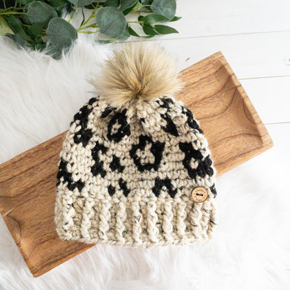Leopard Hat | Chunky Crochet Winter Hat | Removable Faux Fur Pom pom