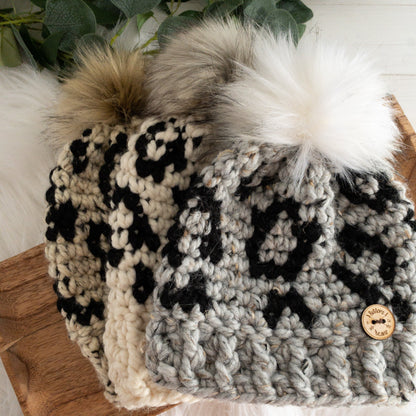 Leopard Hat | Chunky Crochet Winter Hat | Removable Faux Fur Pom pom