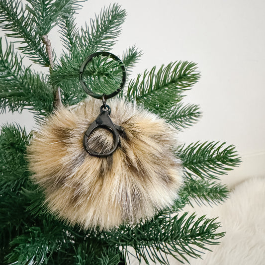 Faux Fur Pompom Keychain | Leopard Gold and Black Print