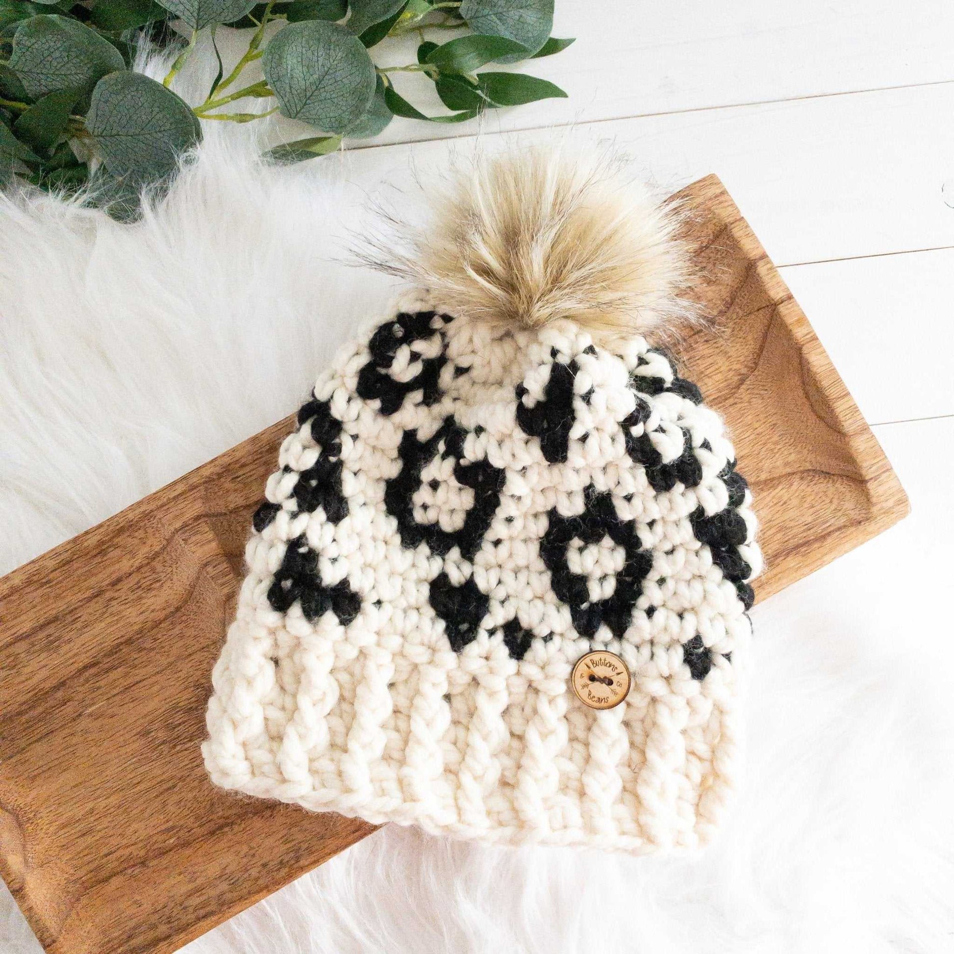 Leopard Hat | Chunky Crochet Hat | Removable Faux FurPom pom Hats 35 $ Buttons & Beans Co.