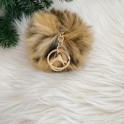 Faux Fur Pompom Keychain | Leopard Gold and Black Print