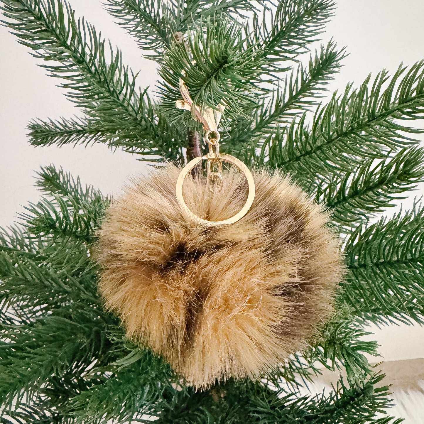 Faux Fur Pompom Keychain | Leopard Gold and Black Print
