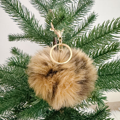 Faux Fur Pompom Keychain | Leopard Gold and Black Print