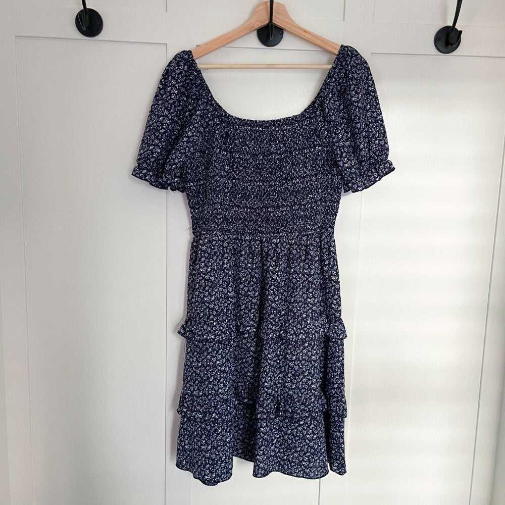 Lg Ditsy Square Neck, Short Puff Sleeve, Tiered, Ruffle Smocked Bodice Dress Women > Dresses > Mini 18 $ Buttons & Beans Co.