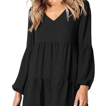 Lg V-Neck, A line Lantern Long Sleeve, Tiered, Pocket Women's Dress, Black Women > Dresses > Mini 13 $ Buttons & Beans Co.