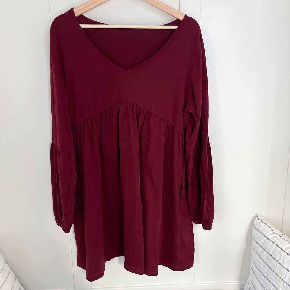 Lg V-Neck, A line Lantern Long Sleeve, Tiered, Pocket Women's Dress, Dark Red Women > Dresses > Mini 13 $ Buttons & Beans Co.