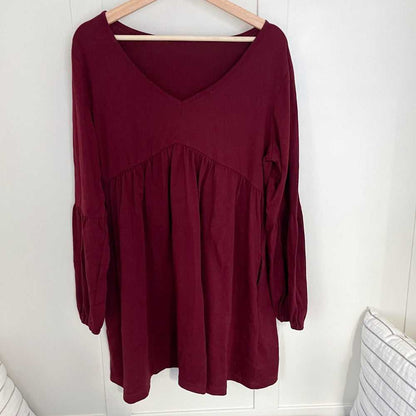 Lg V-Neck, A line Lantern Long Sleeve, Tiered, Pocket Women's Dress, Dark Red Women > Dresses > Mini 13 $ Buttons & Beans Co.