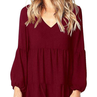 Lg V-Neck, A line Lantern Long Sleeve, Tiered, Pocket Women's Dress, Dark Red Women > Dresses > Mini 13 $ Buttons & Beans Co.