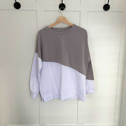 M Oversized Assymetrical White and Beige Crew Neck Sweater, Womens' Sweatshirt Women > Sweaters > Crew & Scoop Necks 13 $ Buttons & Beans Co.