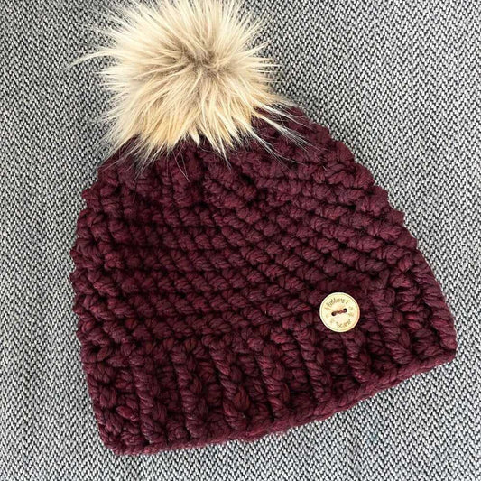 Merlot, Dark Red, Adult, Mens, Ladies Ivory crochet hat, faux fur Pompom, Women > Accessories > Hats 22 $ Buttons & Beans Co.