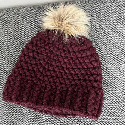 Merlot, Dark Red, Adult, Mens, Ladies Ivory crochet hat, faux fur Pompom, Women > Accessories > Hats 22 $ Buttons & Beans Co.