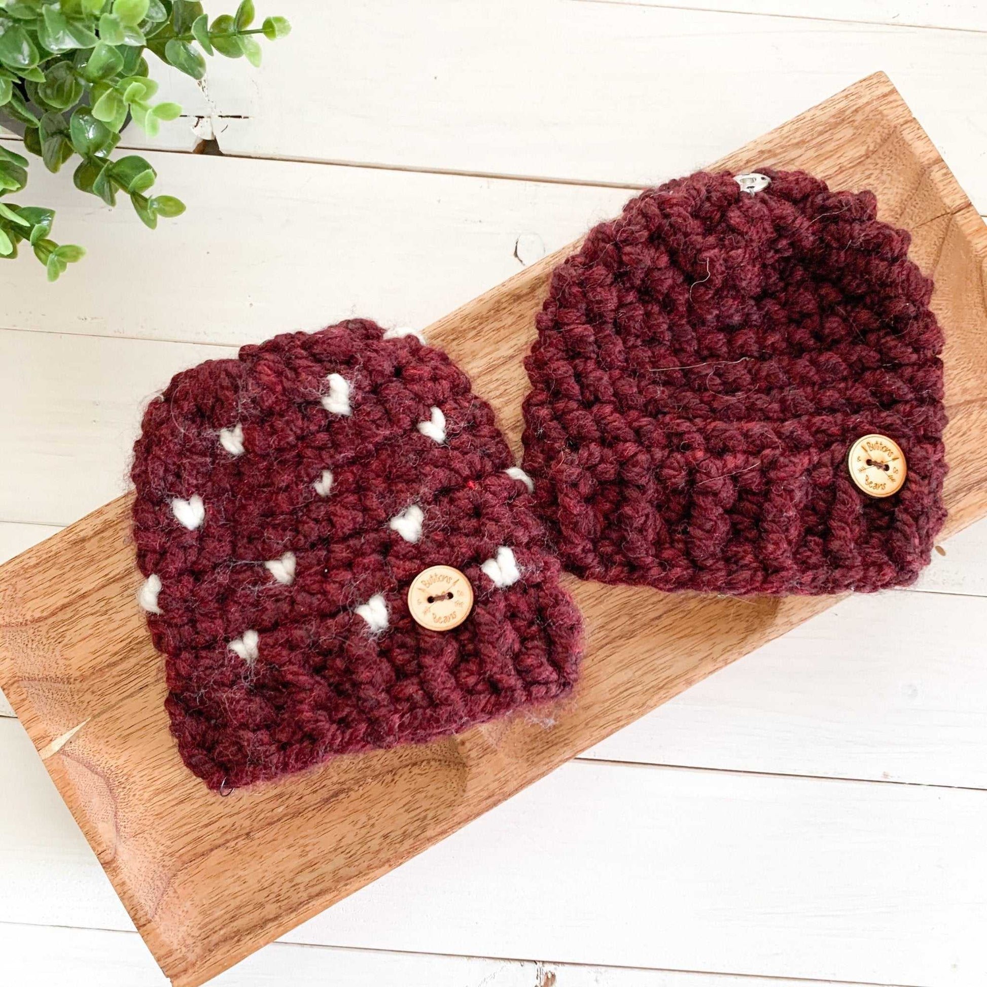 Mini Hearts | 3-6 Month Merlot Chunky Crochet Hat | Removable Faux Fur Pompom Hats 35 $ Buttons & Beans Co.