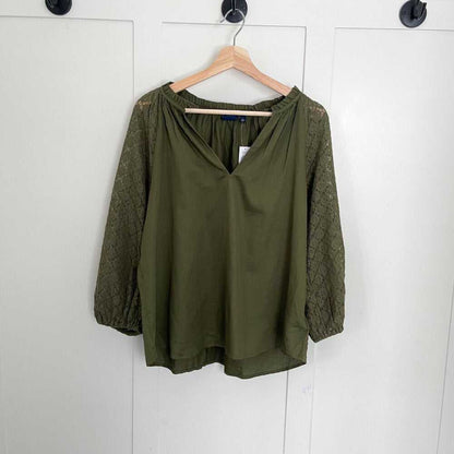 NEW Army Green Crochet Sleeve, Split V Neck Shirt, Relaxed Fit Shirt, Curved Hem Women > Tops > Tees - Short Sleeve 27 $ Buttons & Beans Co.