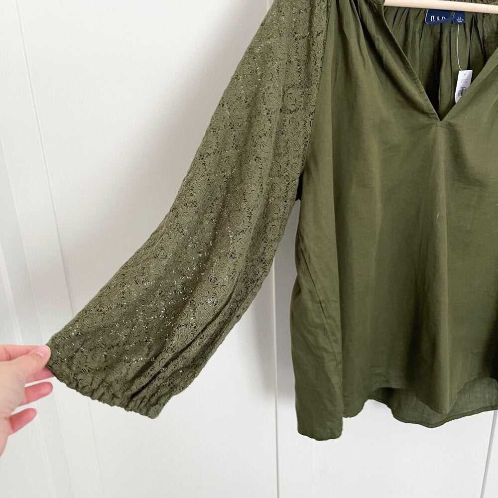 NEW Army Green Crochet Sleeve, Split V Neck Shirt, Relaxed Fit Shirt, Curved Hem Women > Tops > Tees - Short Sleeve 27 $ Buttons & Beans Co.