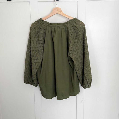 NEW Army Green Crochet Sleeve, Split V Neck Shirt, Relaxed Fit Shirt, Curved Hem Women > Tops > Tees - Short Sleeve 27 $ Buttons & Beans Co.