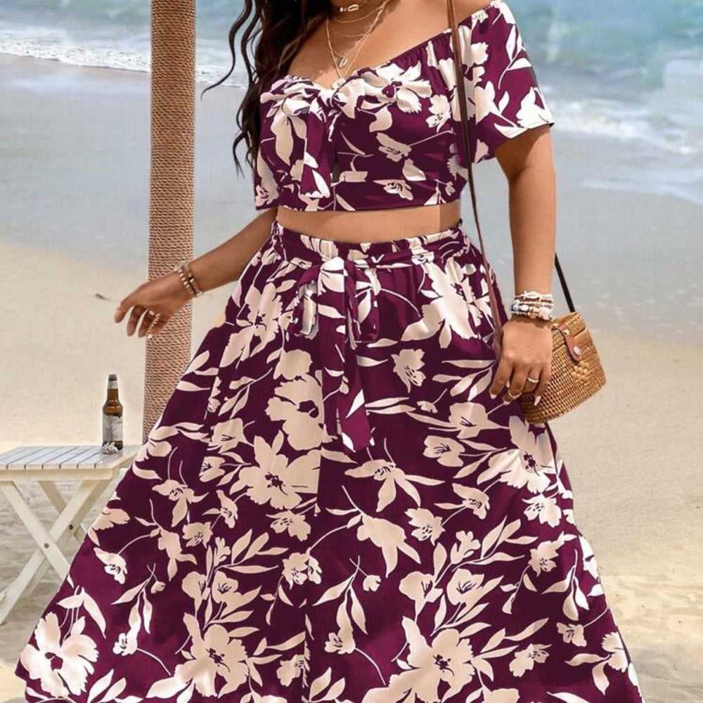 NEW Floral Print Off Shoulder Crop Top & Skirt, 2 Piece Set, Boho Tie Maxi Women > Pants & Jumpsuits > Jumpsuits & Rompers 13 $ Buttons & Beans Co.